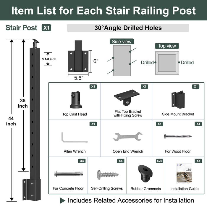 BLIKA 36" Angle Drilled Side Mount Post with Bracket for Cable Railing