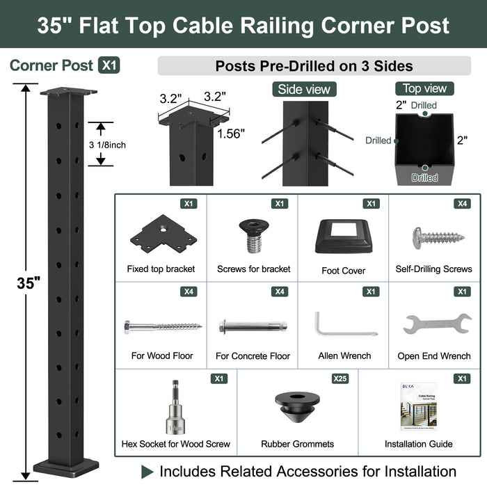 BLIKA 36" Level Drilled Cable Railing Corner Post