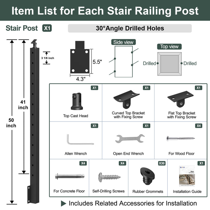 BLIKA 42" Angle Drilled Side Mount Post for Cable Railing