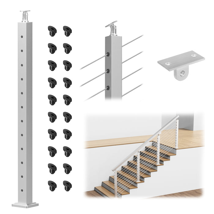 BLIKA 42" Brushed Stainless Steel Pre-Drilled Angled Cable Railing Post for Stair Runs