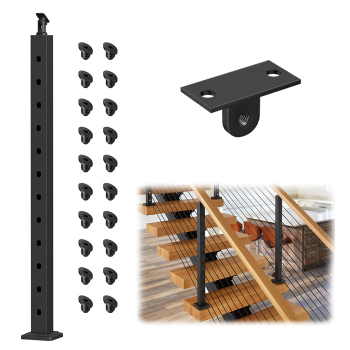 BLIKA 42 inch Black Cable Railing Post for Stairs, T304 Stainless Steel Surface Mount Post with Pre-drilled Angled Holes and Adjustable Top Bracket.