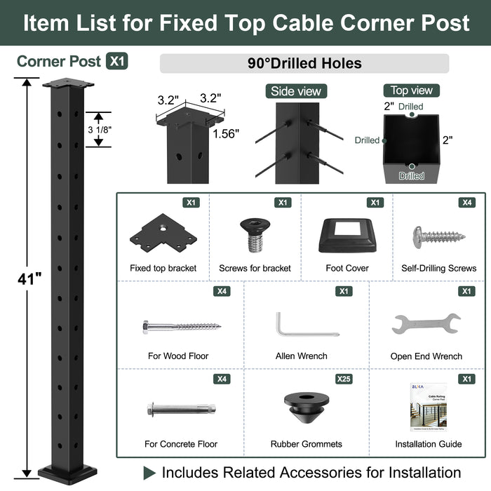 BLIKA 42" Level Drilled Cable Railing Corner Post