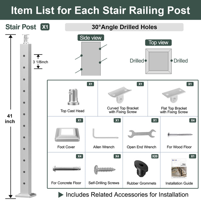 BLIKA 42" Brushed Stainless Steel Pre-Drilled Cable Railing Post for Stair Installations