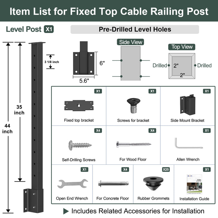 BLIKA 36" Level Drilled Side Mount Post with Bracket for Cable Railing