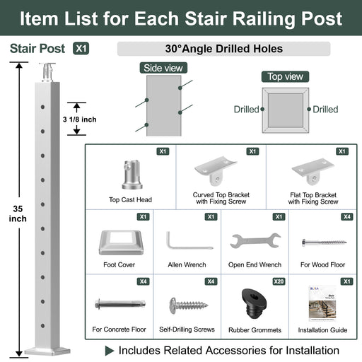BLIKA Stair Railing Post Hardware Kit: 35 inch Post with 30 Degree Angled Holes, Includes Flat and Curved Top Brackets, Mounting Screws for Wood and Concrete.