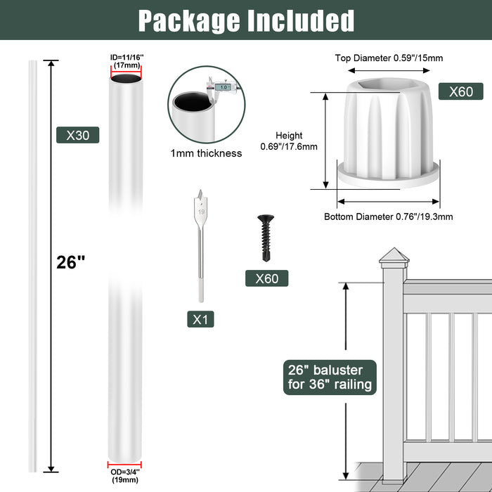 BLIKA 26“ 32” 36“ White Round Aluminum Balusters
