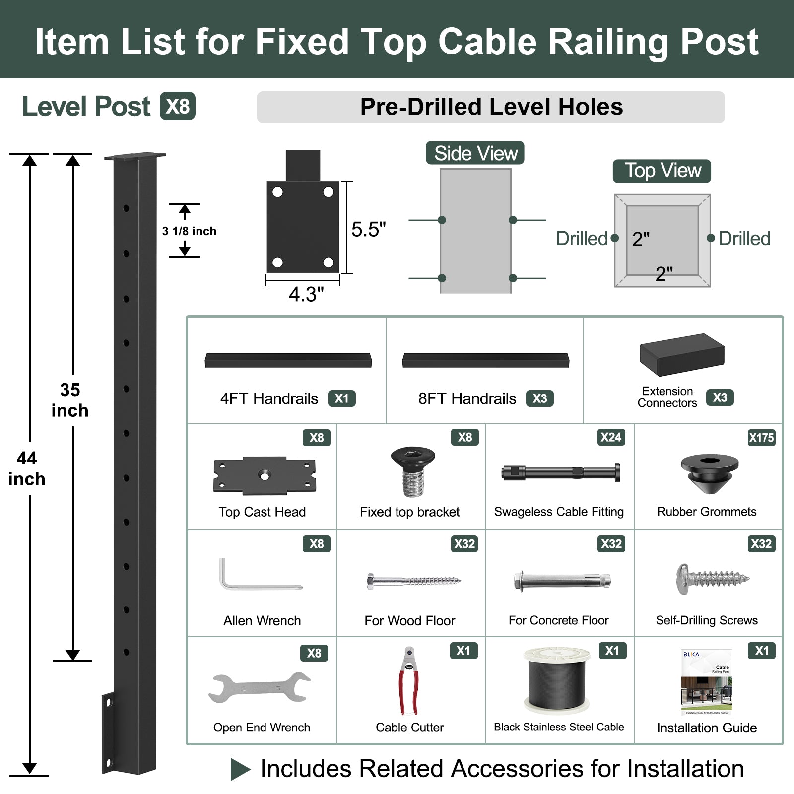 BLIKA 36'' Black Side Mount Cable Railing System DIY Kit (4FT - 28FT, Level Drilled)
