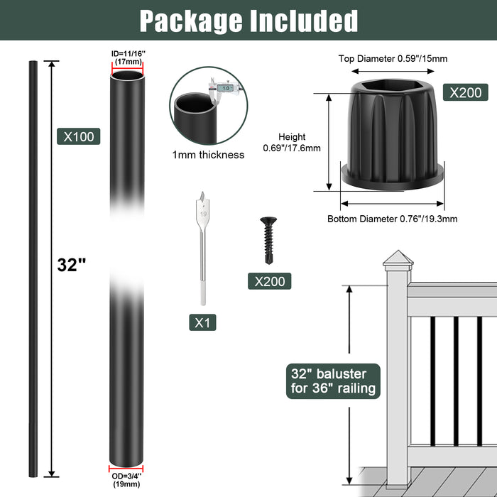 BLIKA 26“ 32” 36“ Black Round Aluminum Deck Balusters