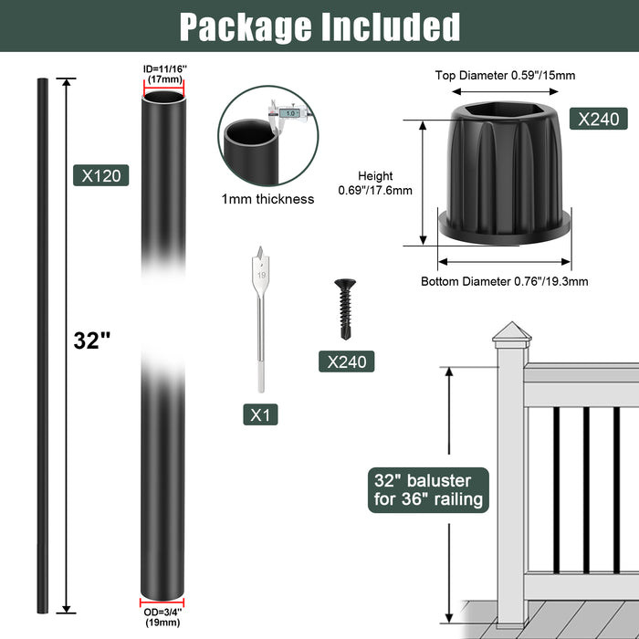 BLIKA 26“ 32” 36“ Black Round Aluminum Deck Balusters