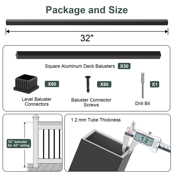 BLIKA 26" 32" 36" Black Square Aluminum Deck Balusters