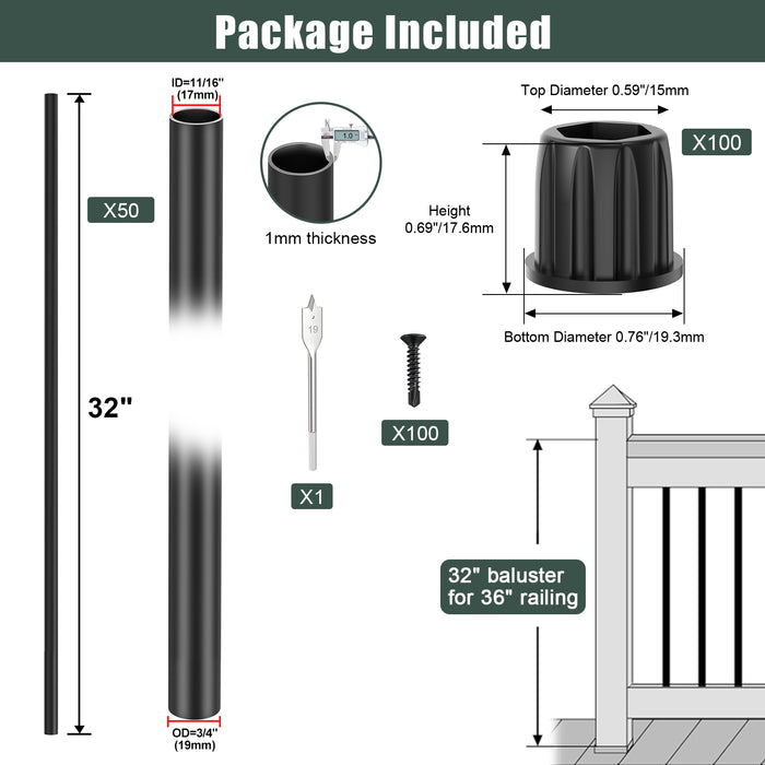 BLIKA 26“ 32” 36“ Black Round Aluminum Deck Balusters