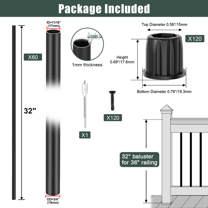 BLIKA 26“ 32” 36“ Black Round Aluminum Deck Balusters
