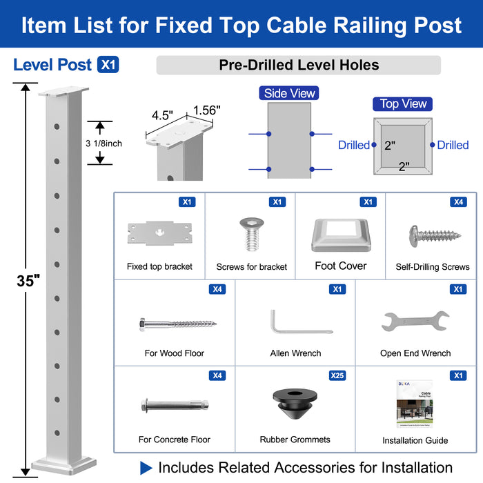 BLIKA 36" Brushed Stainless Steel Pre-Drilled Cable Railing Post for Level Installations