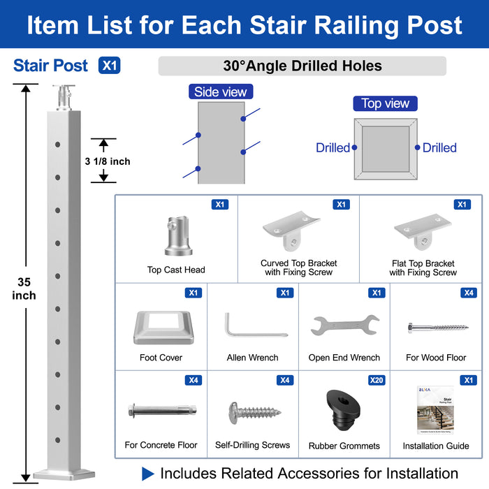 BLIKA 36" Brushed Stainless Steel Pre-Drilled Cable Railing Post for Stair Installations