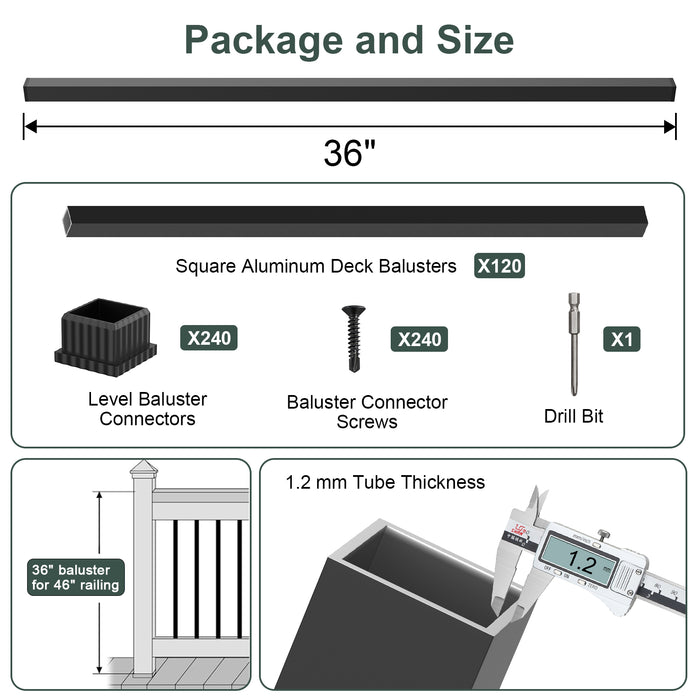 BLIKA 26" 32" 36" Black Square Aluminum Deck Balusters