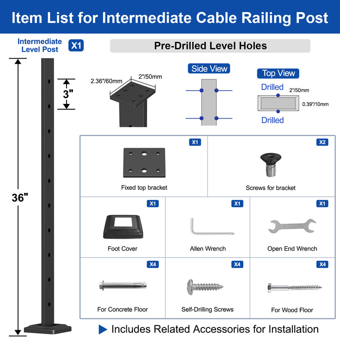 BLIKA Super Thin Intermediate Cable Railing Post