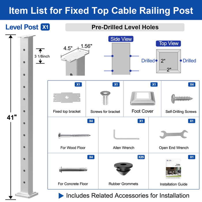 BLIKA 42" Brushed Stainless Steel Pre-Drilled Cable Railing Post for Level Installations