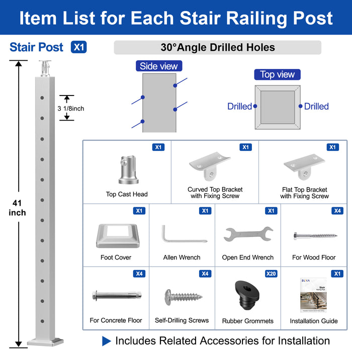 BLIKA 42" Brushed Stainless Steel Pre-Drilled Cable Railing Post for Stair Installations