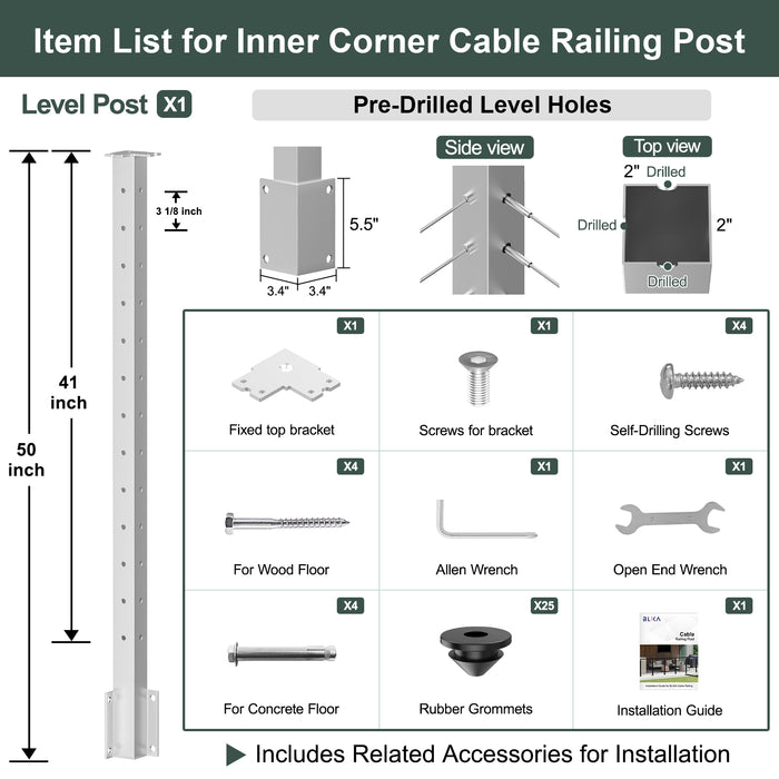 BLIKA 42" Level Drilled Brushed Stainless Side Mount Inner Corner Post