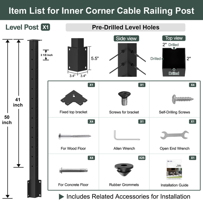BLIKA 42" Level Drilled Side Mount Inner Corner Post