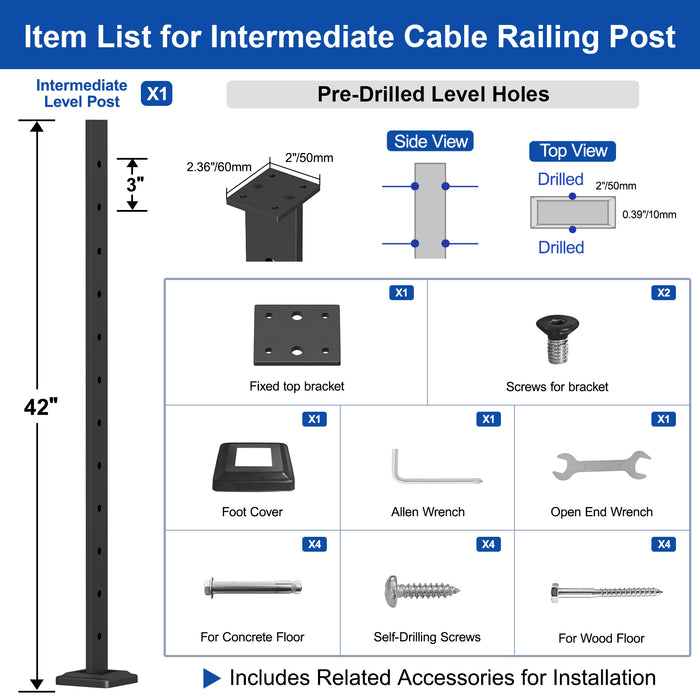 BLIKA Super Thin Intermediate Cable Railing Post