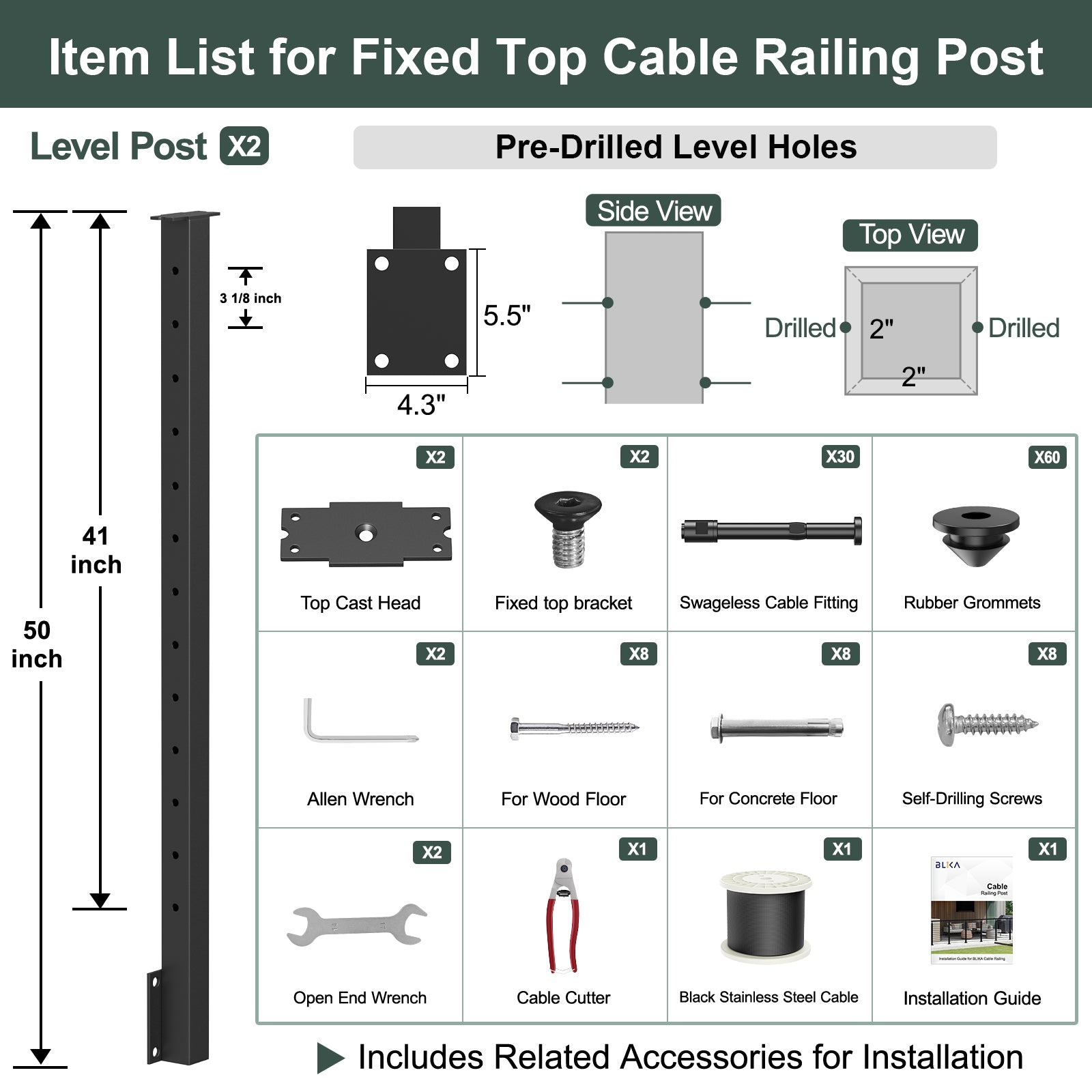 BLIKA 42'' Black Side Mount Cable Railing System DIY Kit (4FT - 20FT,  No Handrail)
