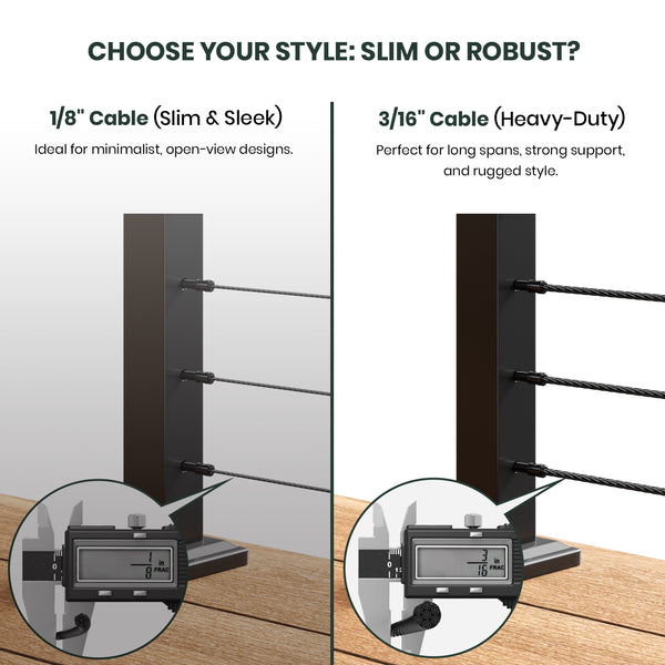 BLIKA 36'' & 42''  Black Surface Mount Cable Railing System DIY Kit (4FT - 28FT, Level Drilled, No Handrail) - 3/16