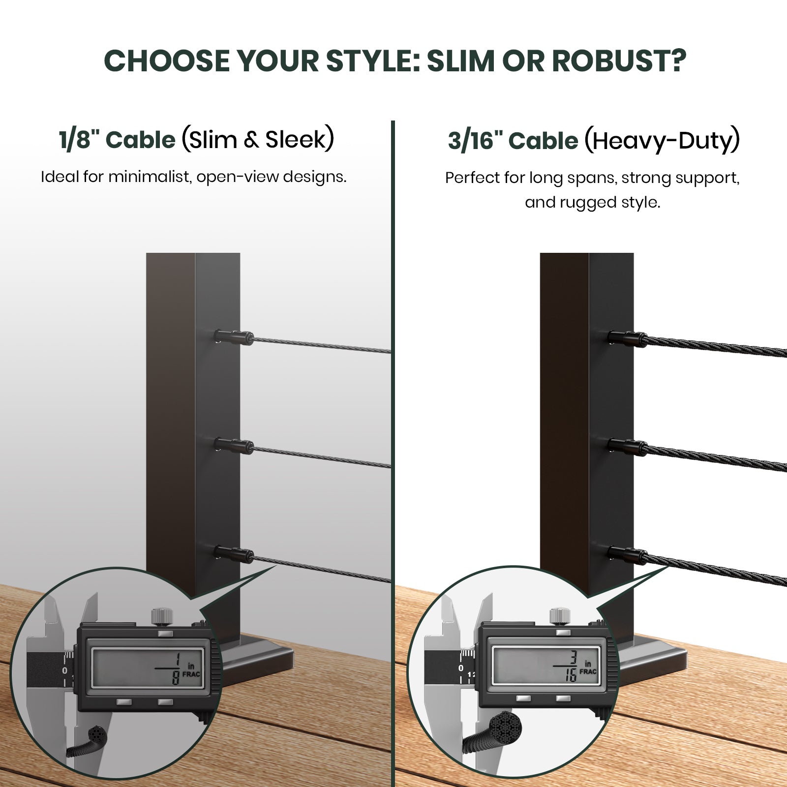 BLIKA 36'' & 42'' Black Surface Mount Stair Cable Railing System DIY Kit (4FT - 20FT, Angled Drilled) - 3/16