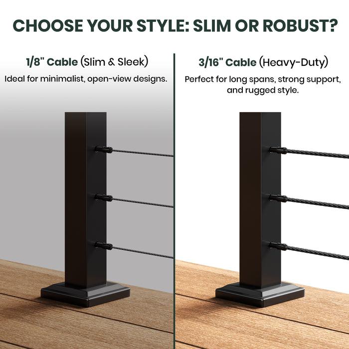 BLIKA 36'' & 42''  Black Surface Mount Cable Railing System DIY Kit (4FT - 28FT, Level Drilled, No Handrail) - 3/16" Cable & Hardware