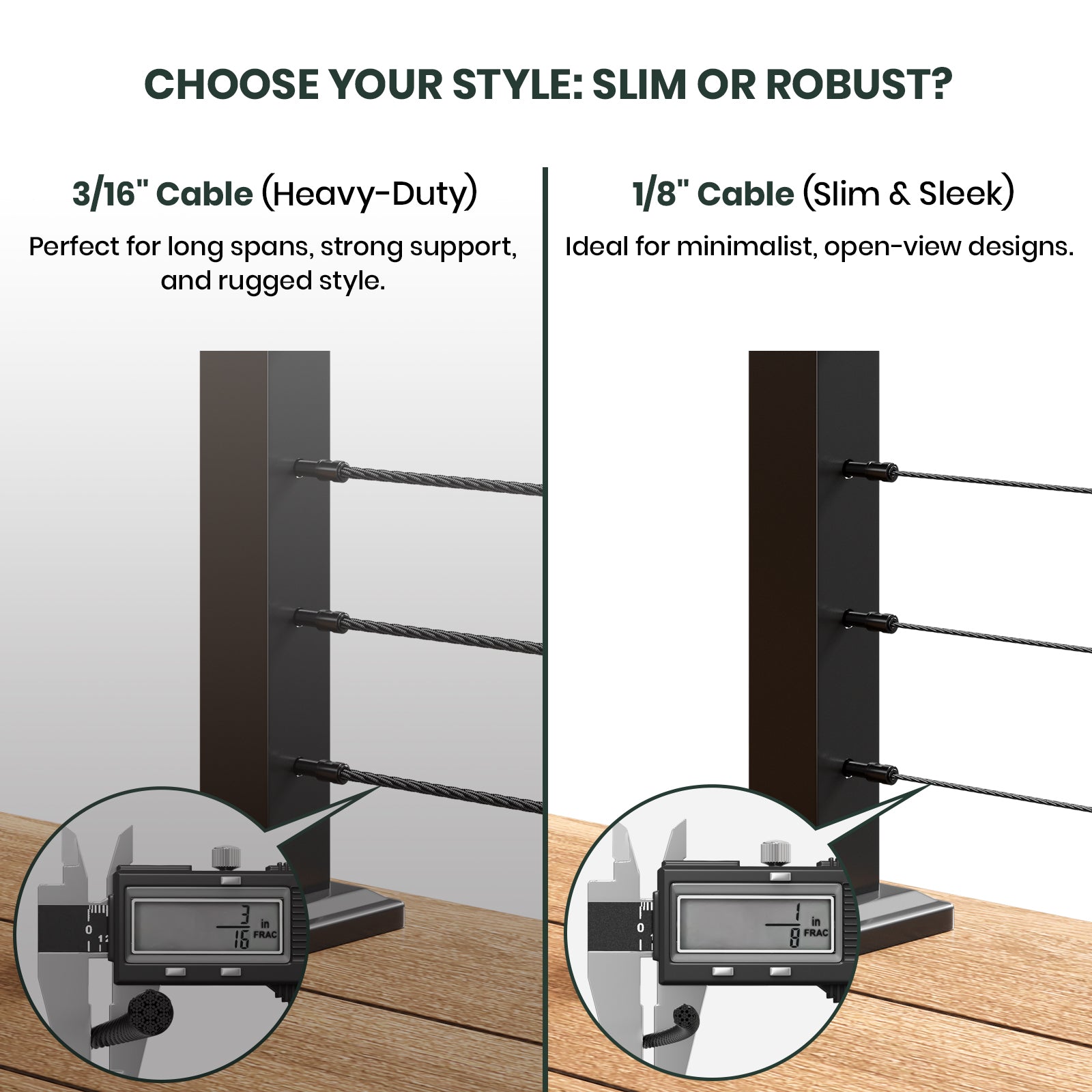 BLIKA 36'' & 42''  Black Surface Mount Cable Railing System DIY Kit (4FT - 28FT, Level Drilled, No Handrail) - 1/8