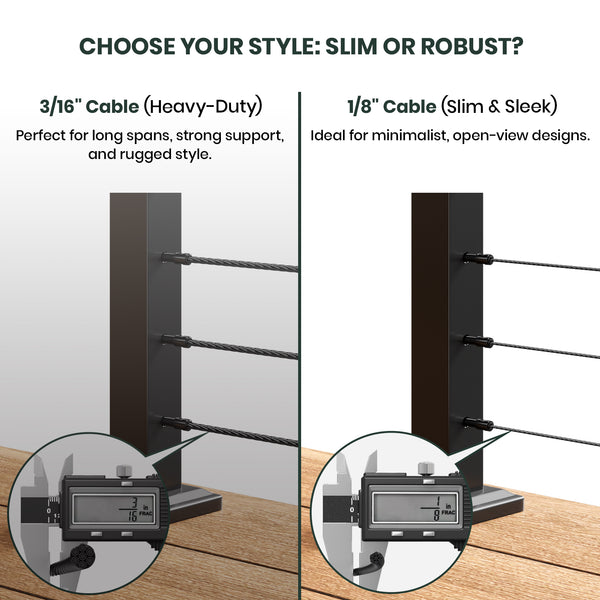BLIKA 36'' & 42''  Black Surface Mount Cable Railing System DIY Kit (4FT - 28FT, Level Drilled, No Handrail) - 1/8