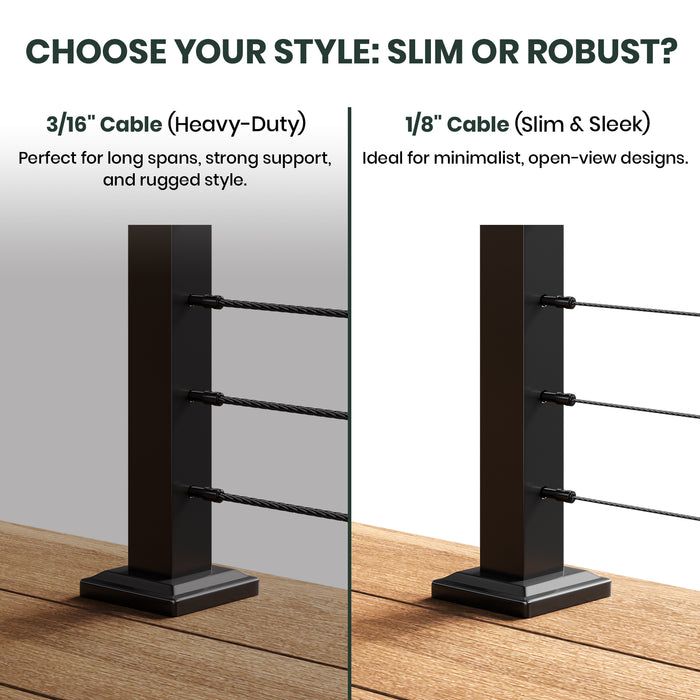 BLIKA 36'' & 42'' Black Surface Mount Cable Railing System DIY Kit (4FT - 28FT, Level Drilled, ) - 1/8" Cable & Hardware