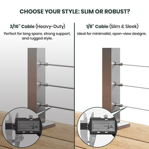 BLIKA 36'' & 42'' Brushed Stainless Steel Surface Mount Cable Railing System DIY Kit (4FT - 28FT, Level Drilled, ) - 1/8