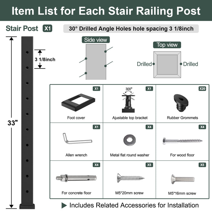 BLIKA 36" Adjustable 25-35 Angle Cable Railing Post