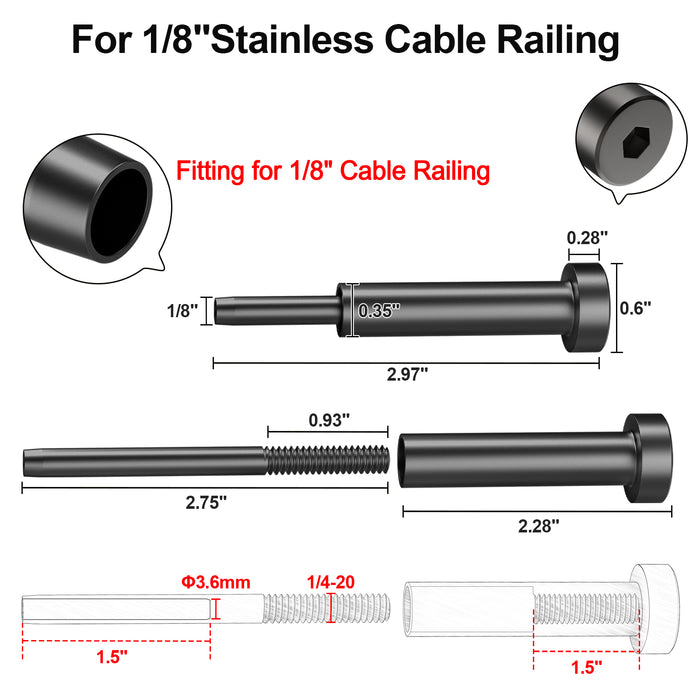 BLIKA 1/8" & 3/16" Stainless Steel Invisible Receiver and Swage Stud End for 2"x2"Posts, Invisible Cable Railing Kit