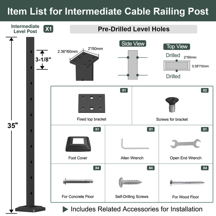 BLIKA Super Thin Intermediate Cable Railing Post