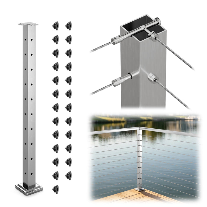 BLIKA 36" Level Drilled Brushed Stainless Steel Cable Railing Corner Post