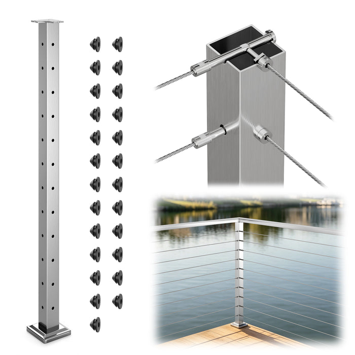 BLIKA 42" Level Drilled Brushed Stainless Steel Cable Railing Corner Post