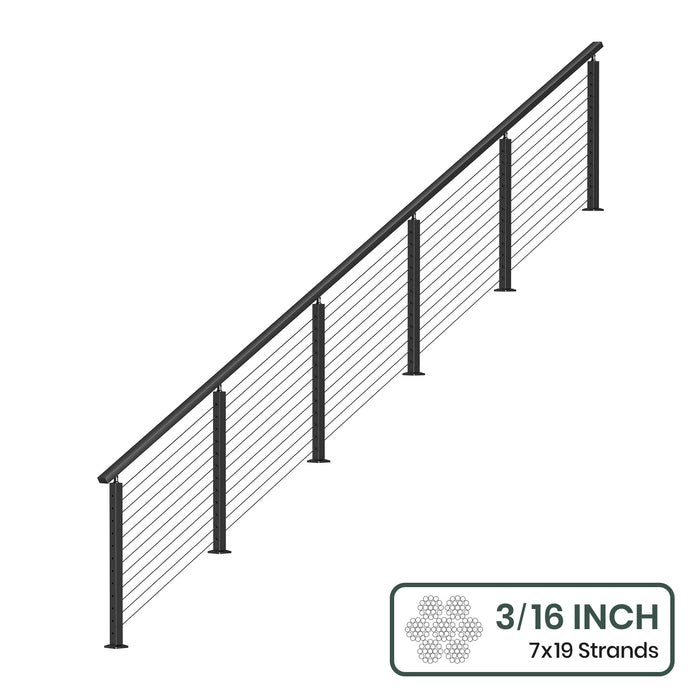 BLIKA 36'' & 42'' Black Surface Mount Stair Cable Railing System DIY Kit (4FT - 20FT, Angled Drilled) - 3/16" Cable & Hardware