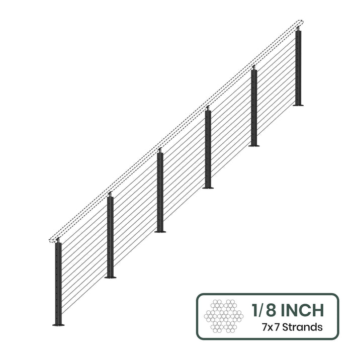 BLIKA 36'' & 42'' Black Surface Mount Stair Cable Railing System DIY Kit (4FT - 20FT, Angled Drilled, No Handrail) - 1/8" Cable & Hardware