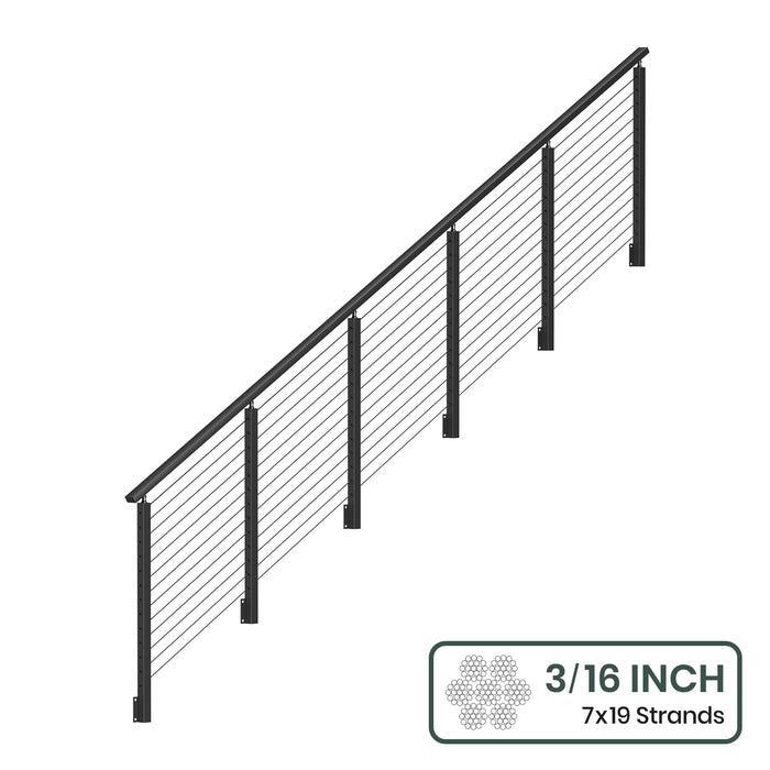 BLIKA 36''& 42''  Black Side Mount  Stair Cable Railing System DIY Kit (4FT - 20FT, Angled Drilled) - 3/16" Cable & Hardware