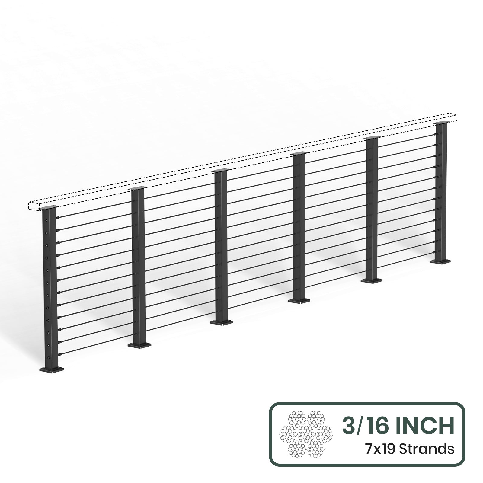 BLIKA 36'' & 42''  Black Surface Mount Cable Railing System DIY Kit (4FT - 28FT, Level Drilled, No Handrail) - 3/16
