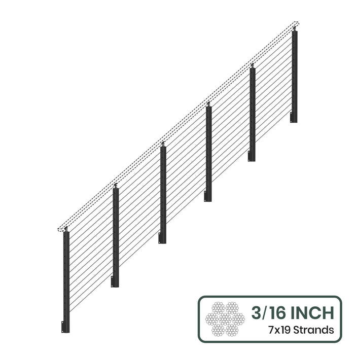 BLIKA 36'' & 42'' Black Side Mount Stair Cable Railing System DIY Kit (4FT - 20FT,  No Handrail) - 3/16" Cable & Hardware