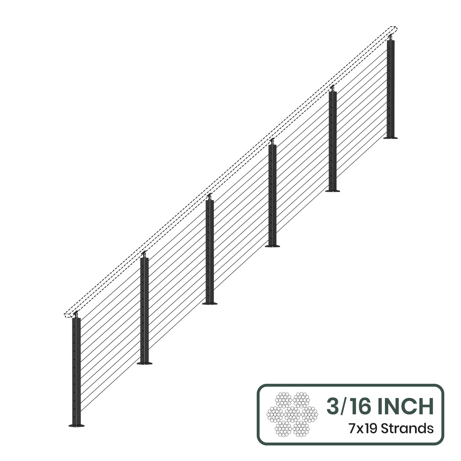 BLIKA 36'' & 42'' Black Surface Mount Stair Cable Railing System DIY Kit (4FT - 20FT, Angled Drilled, No Handrail) - 3/16