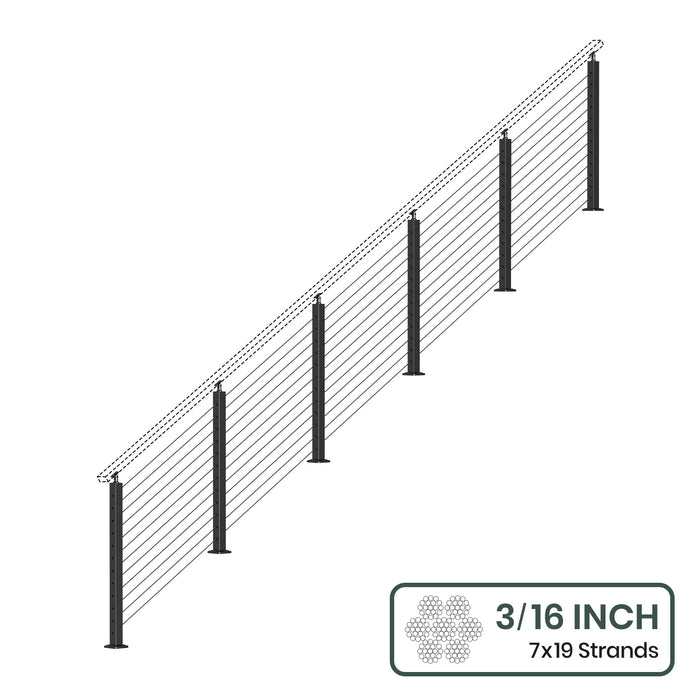 BLIKA 36'' & 42'' Black Surface Mount Stair Cable Railing System DIY Kit (4FT - 20FT, Angled Drilled, No Handrail) - 3/16" Cable & Hardware