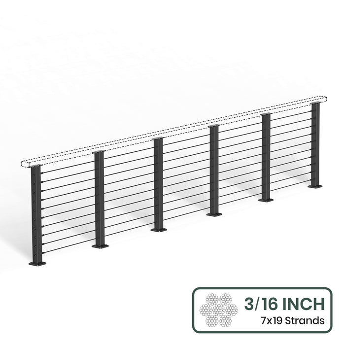 BLIKA 36'' & 42''  Black Surface Mount Cable Railing System DIY Kit (4FT - 28FT, Level Drilled, No Handrail) - 3/16" Cable & Hardware