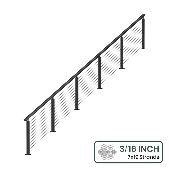 BLIKA 36'' & 42'' Black Surface Mount Stair Cable Railing System DIY Kit (4FT - 20FT, Angled Drilled) - 3/16" Cable & Hardware