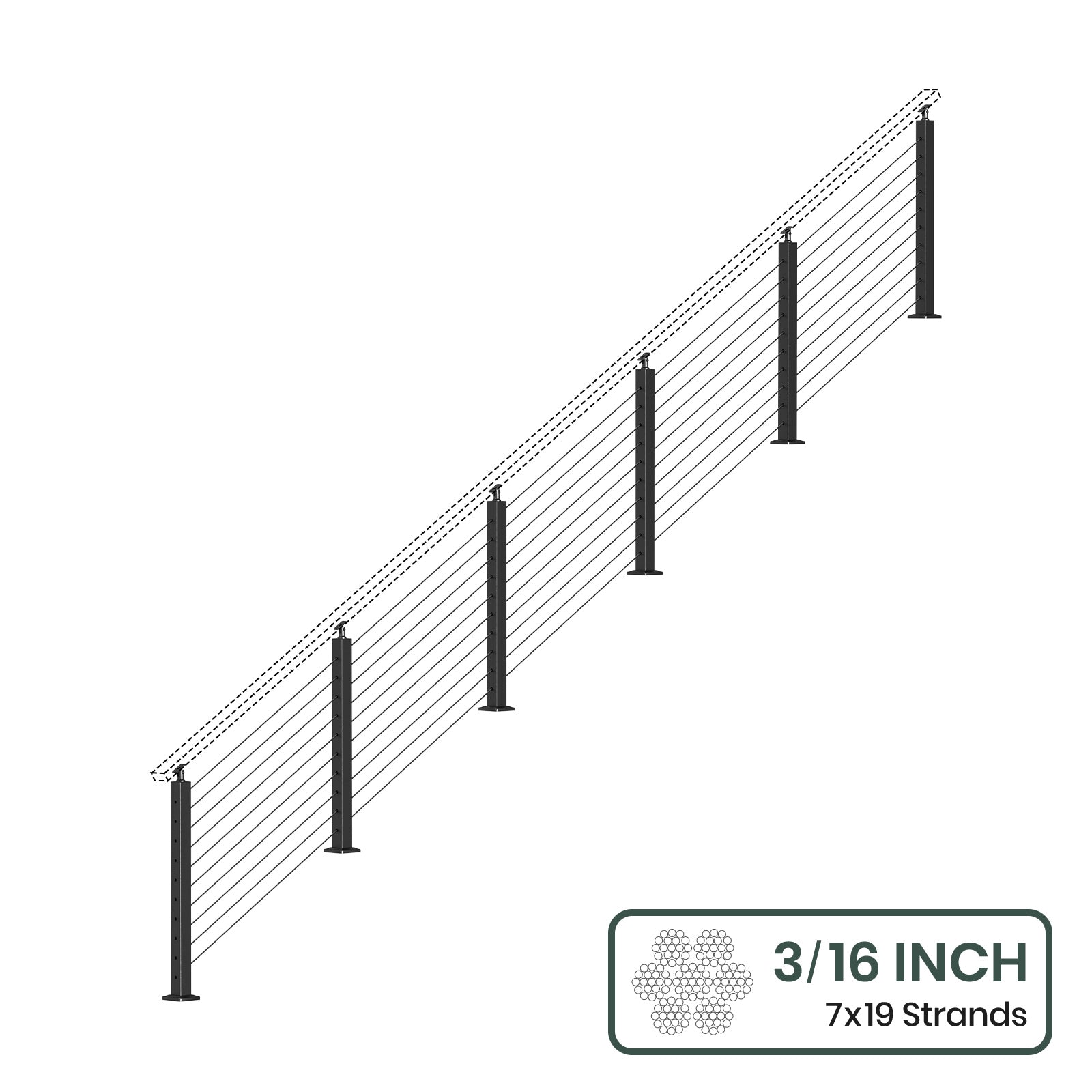 BLIKA 36'' & 42'' Black Surface Mount Stair Cable Railing System DIY Kit (4FT - 20FT, Angled Drilled, No Handrail) - 3/16
