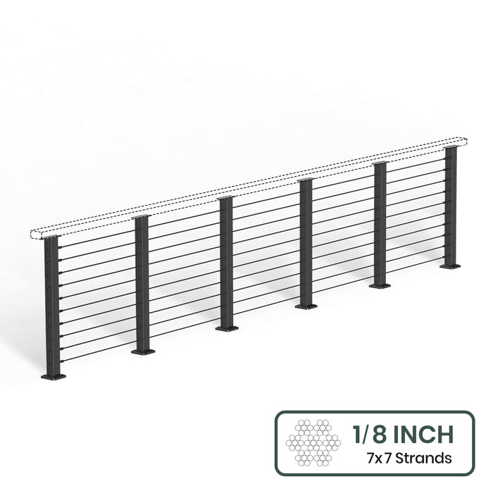 BLIKA 36'' & 42''  Black Surface Mount Cable Railing System DIY Kit (4FT - 28FT, Level Drilled, No Handrail) - 1/8" Cable & Hardware