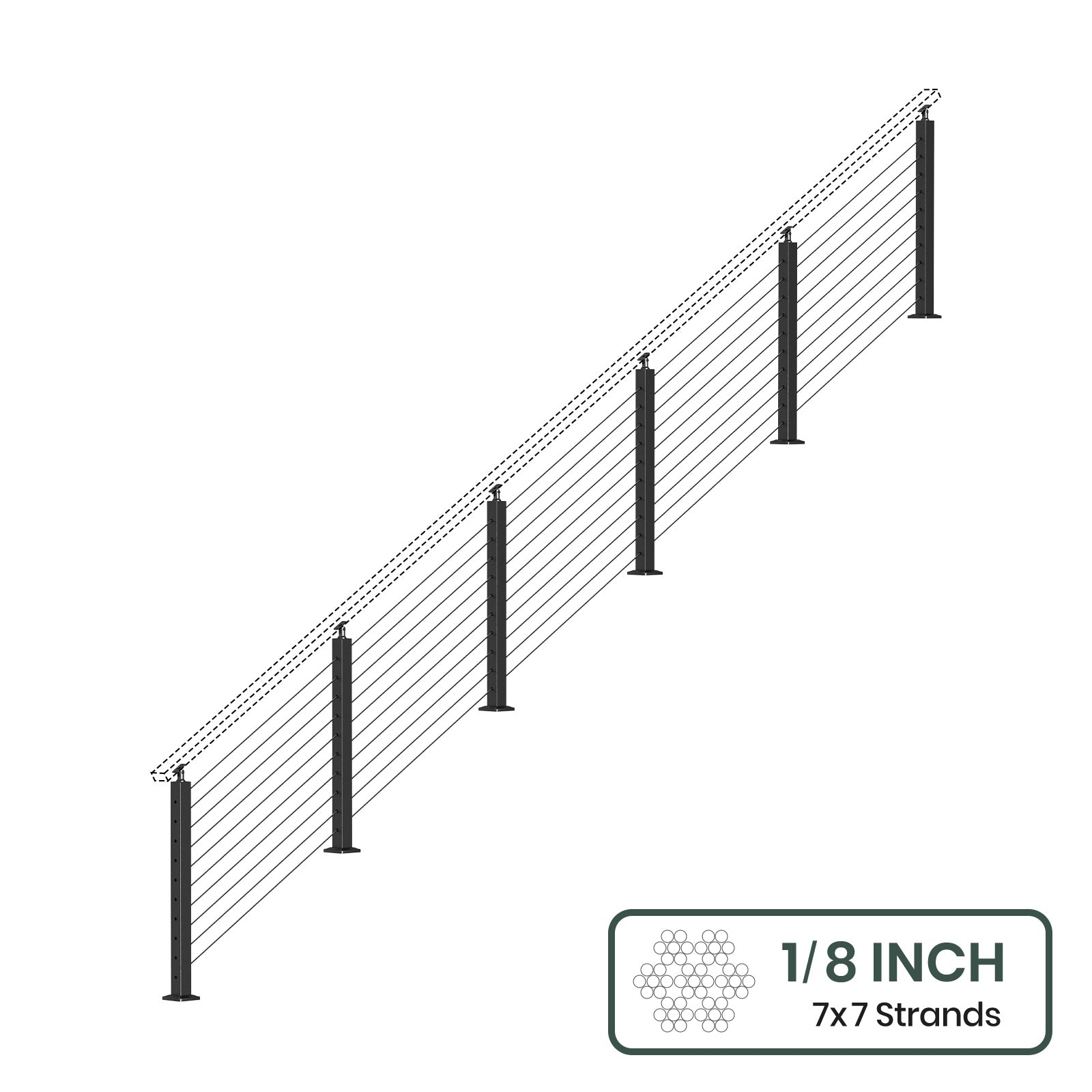 BLIKA 36'' & 42'' Black Surface Mount Stair Cable Railing System DIY Kit (4FT - 20FT, Angled Drilled, No Handrail) - 1/8